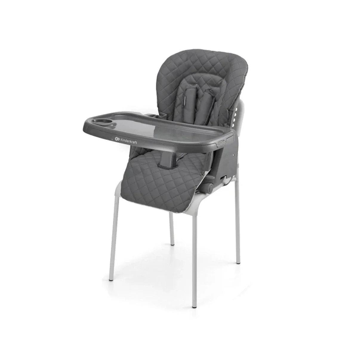 Grey quilted 3-in-1 high chair with front tray table and adjustable recline seat