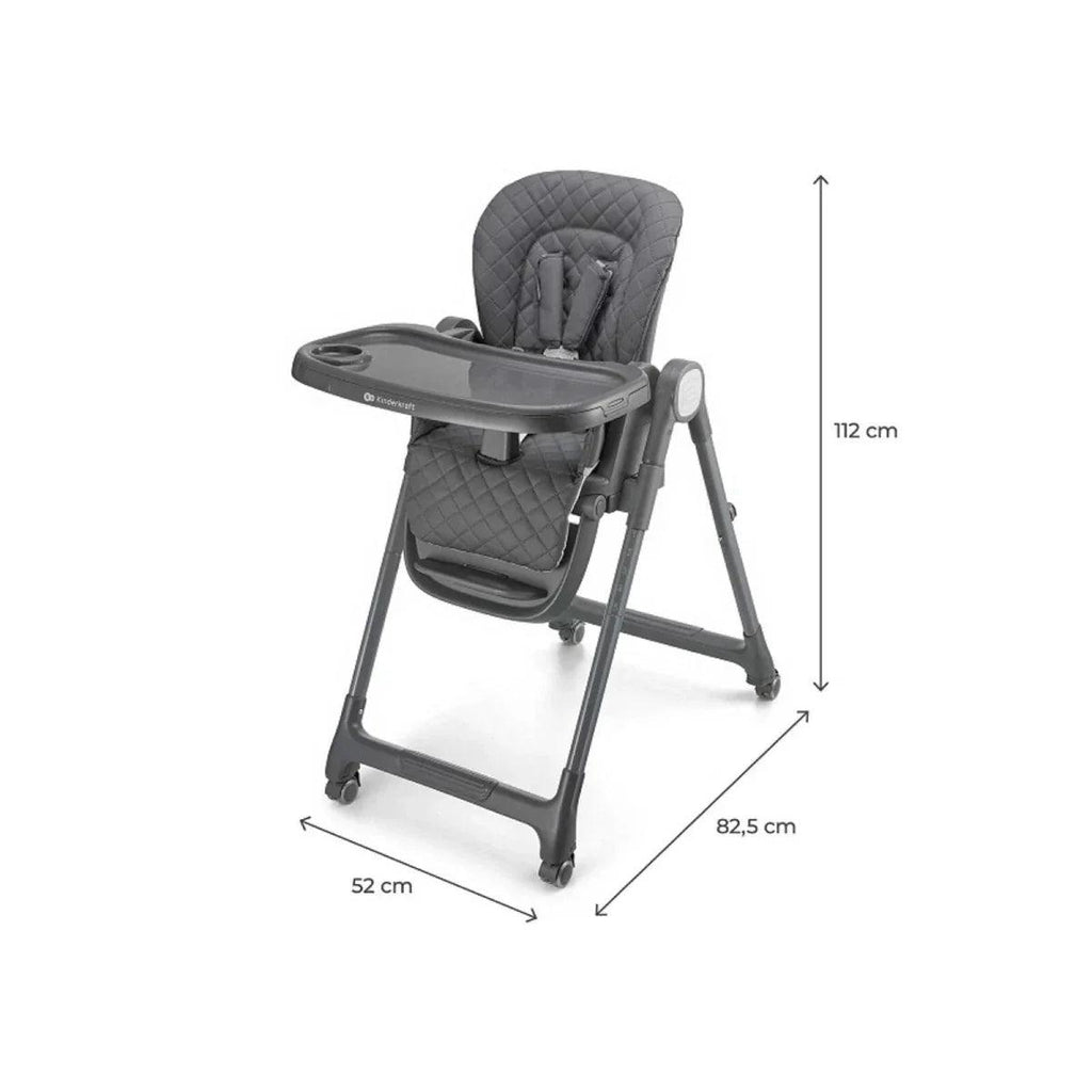 Grey 3-in-1 high chair in side view with quilted backrest, tray, and base legs