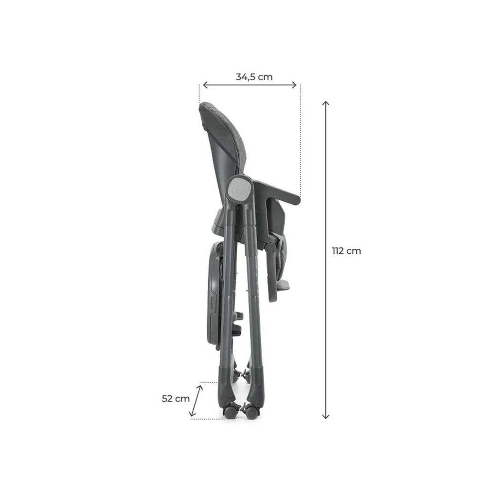 Grey 3-in-1 high chair side view with safety harness, footrest, and tray