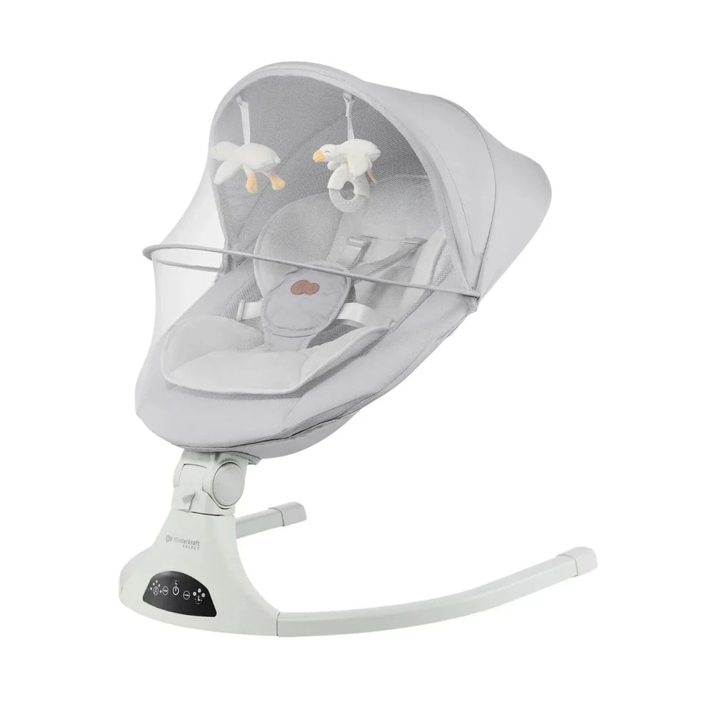 Grey fabric baby swing seat with overhead toy mobile and canopy