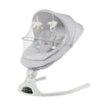 Grey fabric baby swing seat with overhead toy mobile and canopy