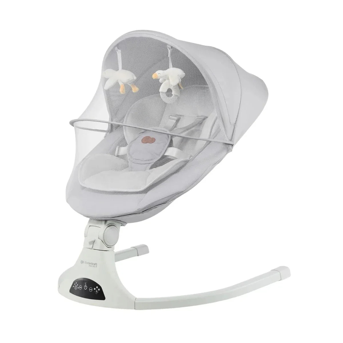 Grey fabric baby swing seat with overhead toy mobile and canopy