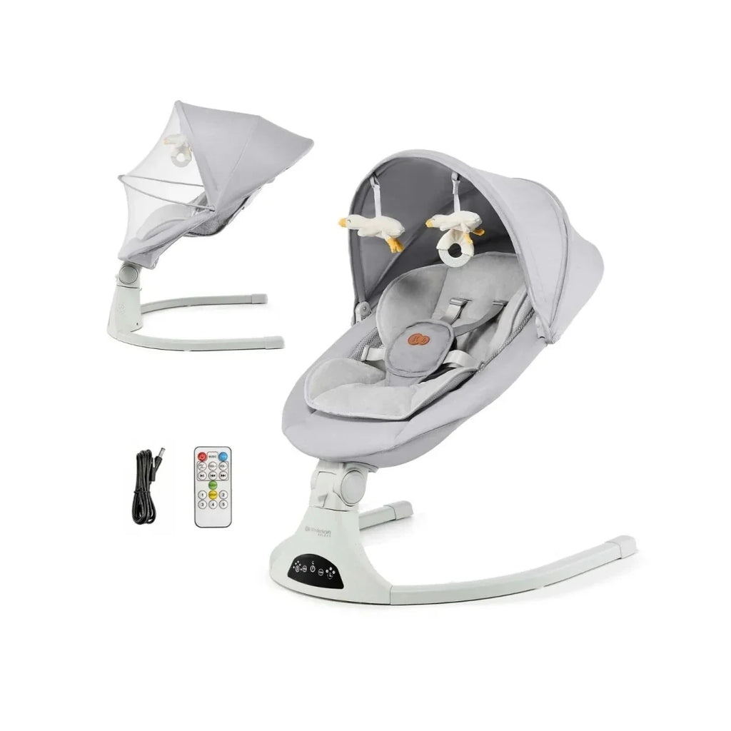 Grey baby swing seat with extended canopy, toy mobile, and base control panel
