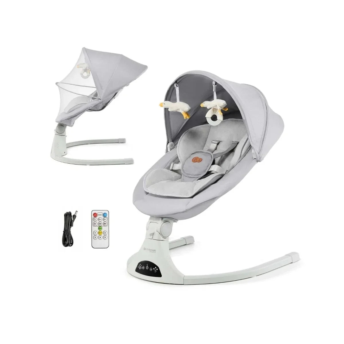 Grey baby swing seat with extended canopy, toy mobile, and base control panel