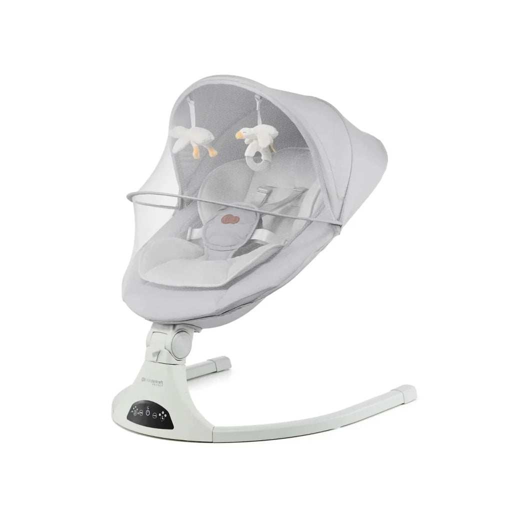 Grey baby swing seat with overhead toy mobile and curved base