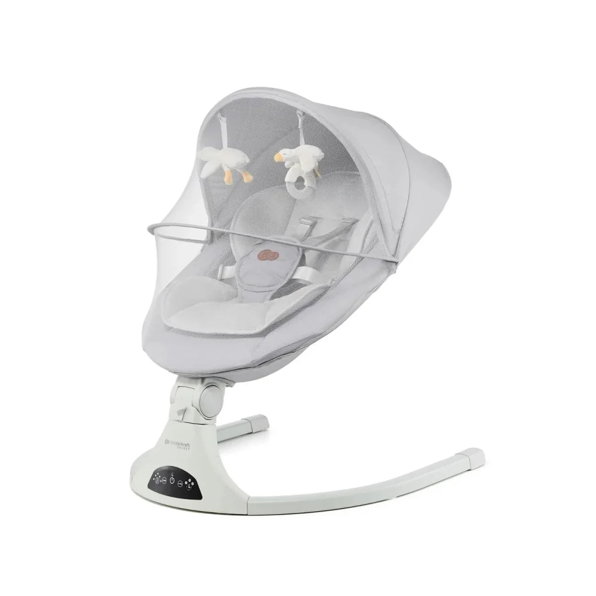 Grey baby swing seat with overhead toy mobile and curved base
