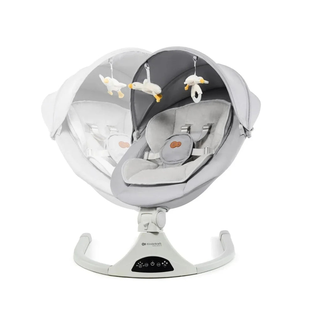 Grey baby swing seat with darker inner cushion and overhead toy mobile