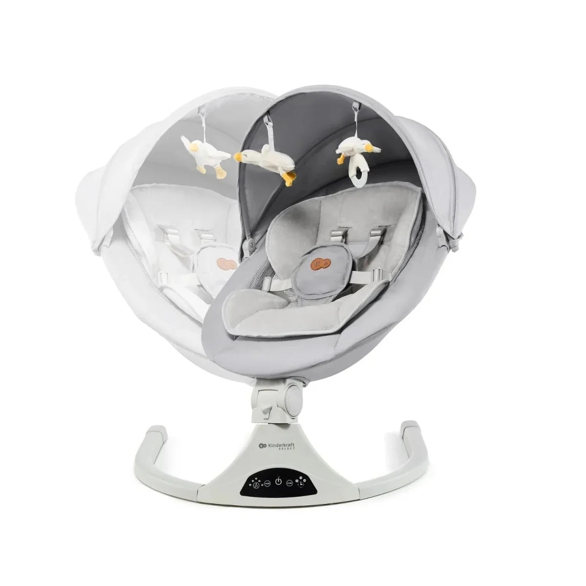 Grey baby swing seat with darker inner cushion and overhead toy mobile