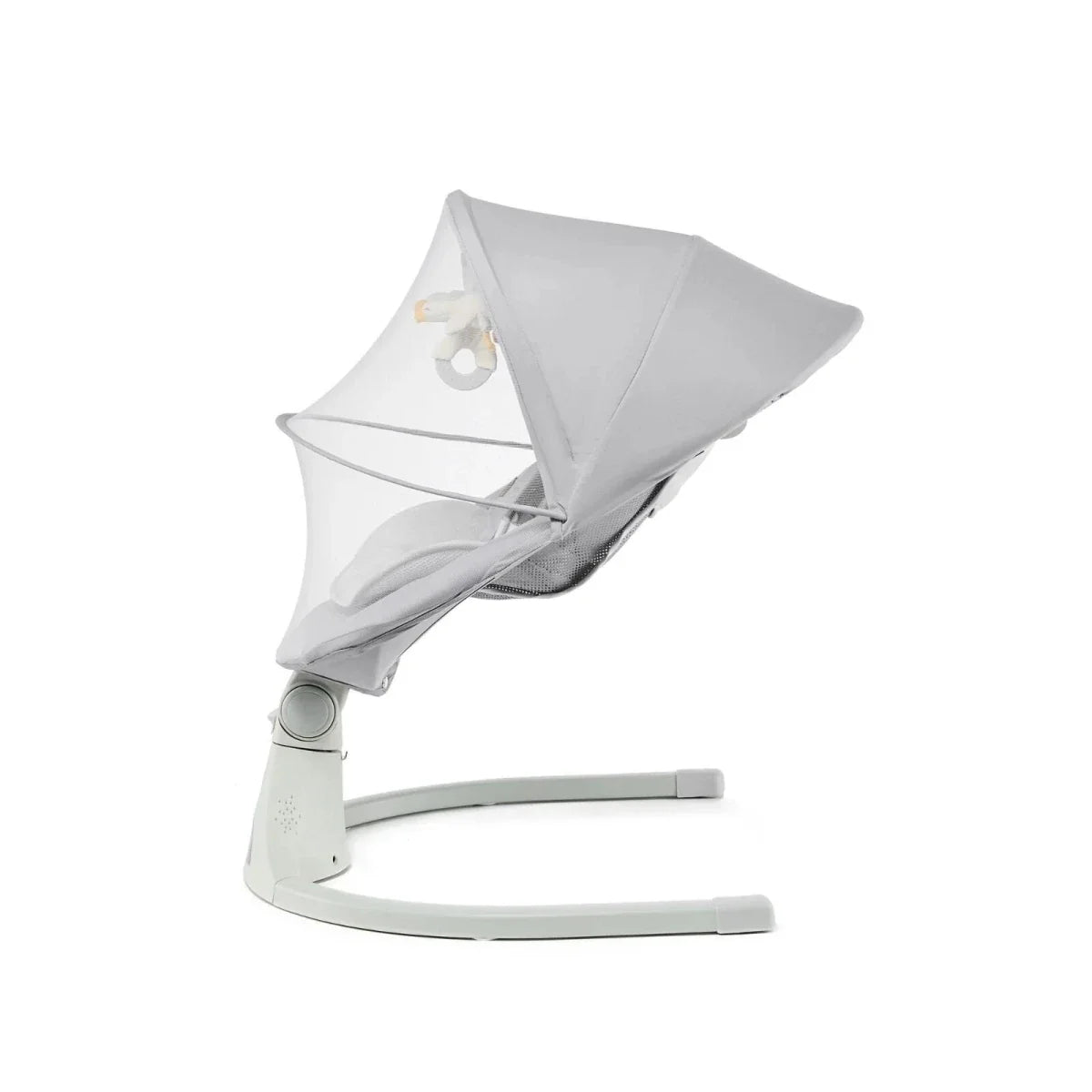 Grey baby swing seat with side canopy and curved sliding base