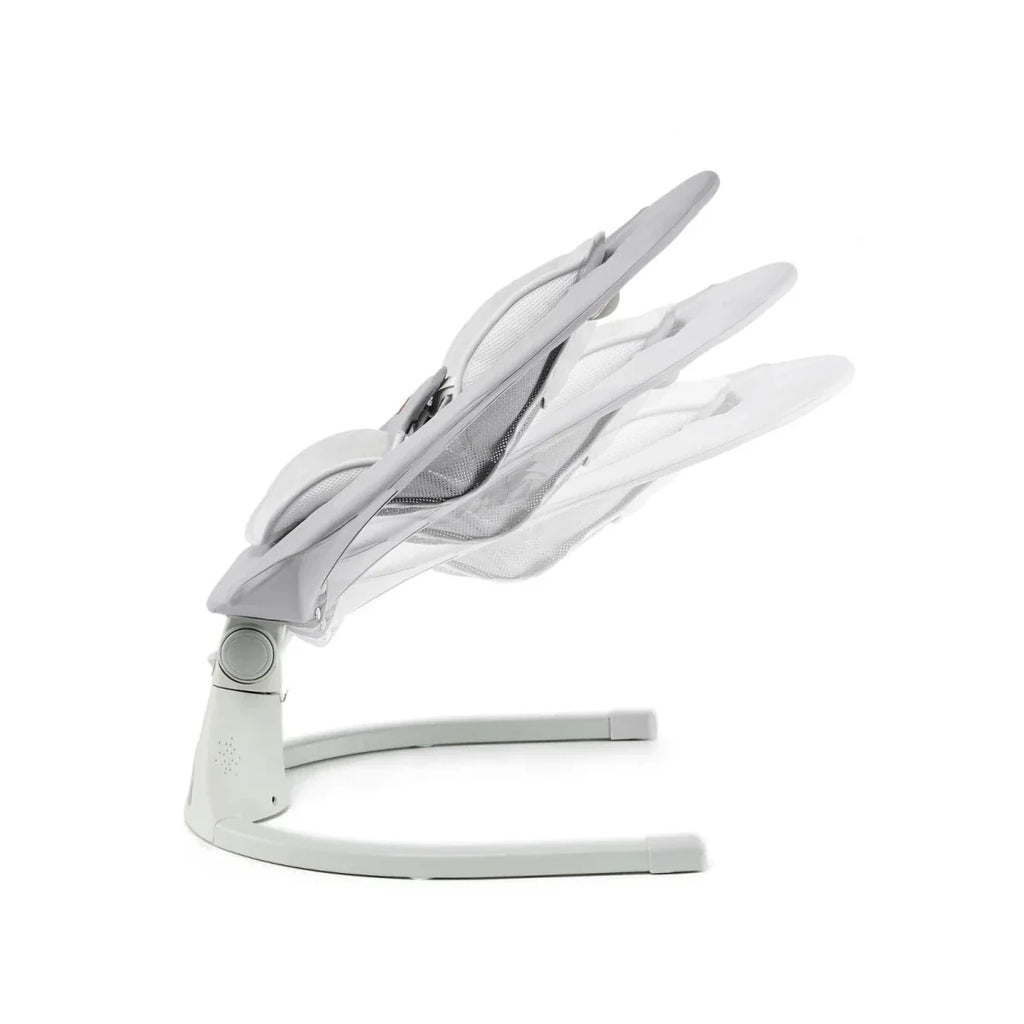 Grey baby swing seat folded, showing underside and curved base