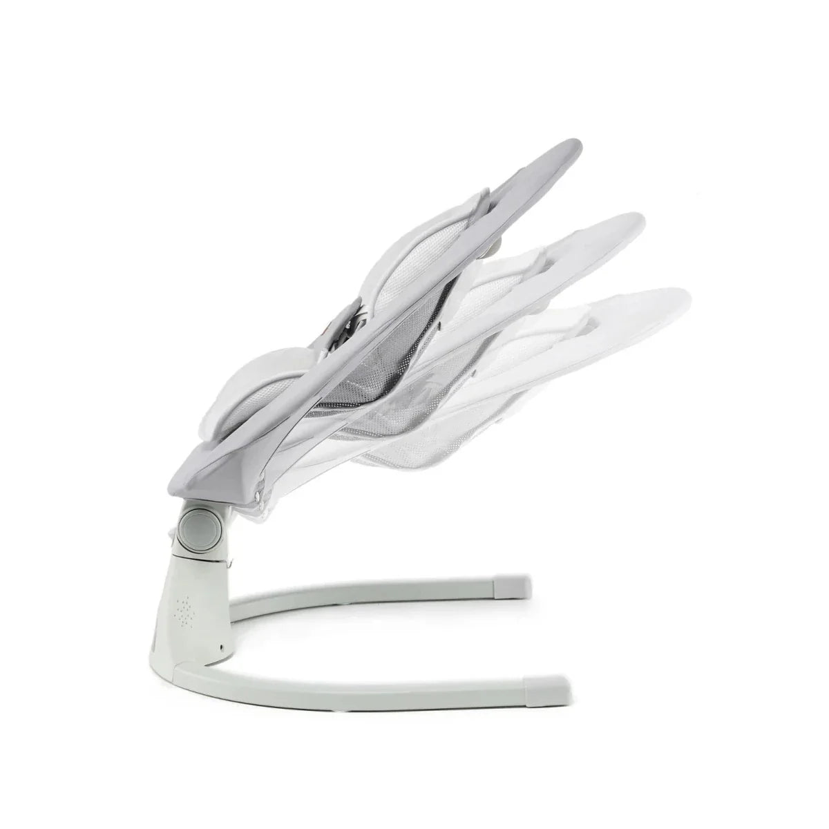 Grey baby swing seat folded, showing underside and curved base