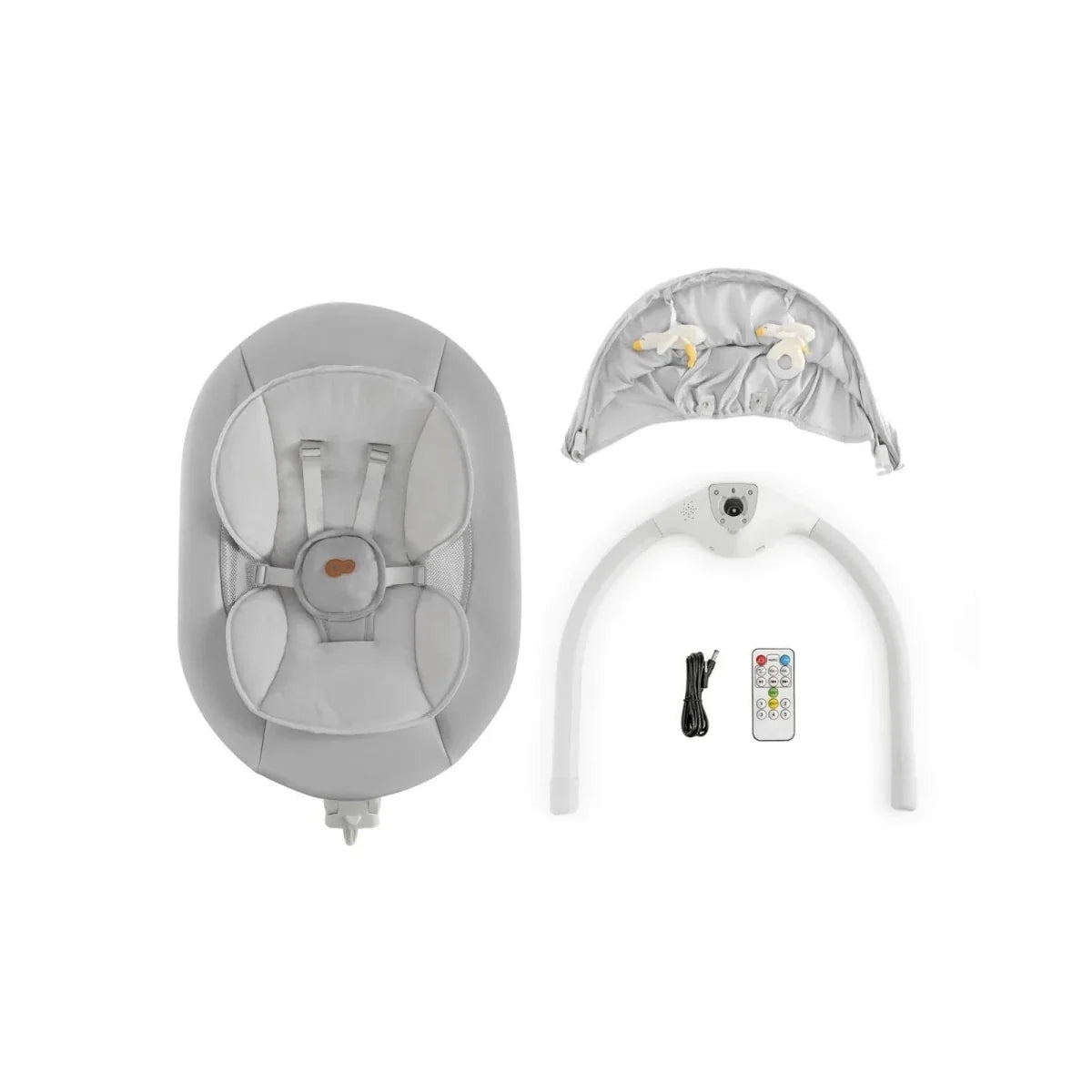 Grey baby swing components: seat insert, canopy, base, and accessory remote