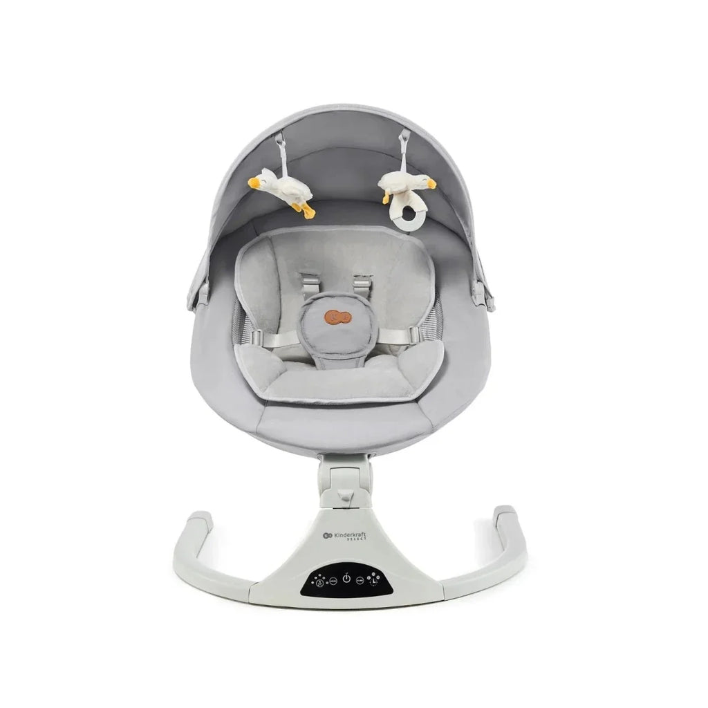 Grey baby swing seat with overhead toy mobile and orange logo cushion