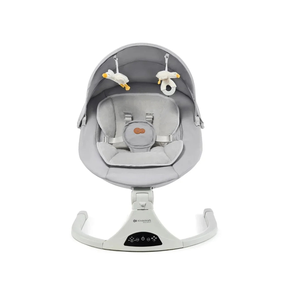 Grey baby swing seat with overhead toy mobile and orange logo cushion