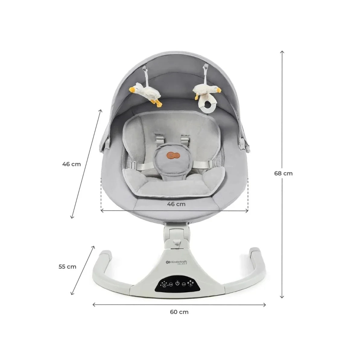 Grey baby swing seat with overhead toy mobile and sizing diagram