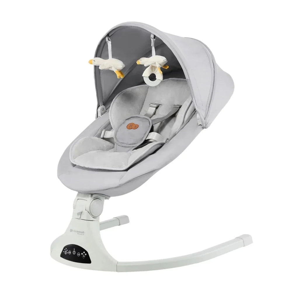 Grey infant swing chair with canopy, padded harness, and hanging sensory toys