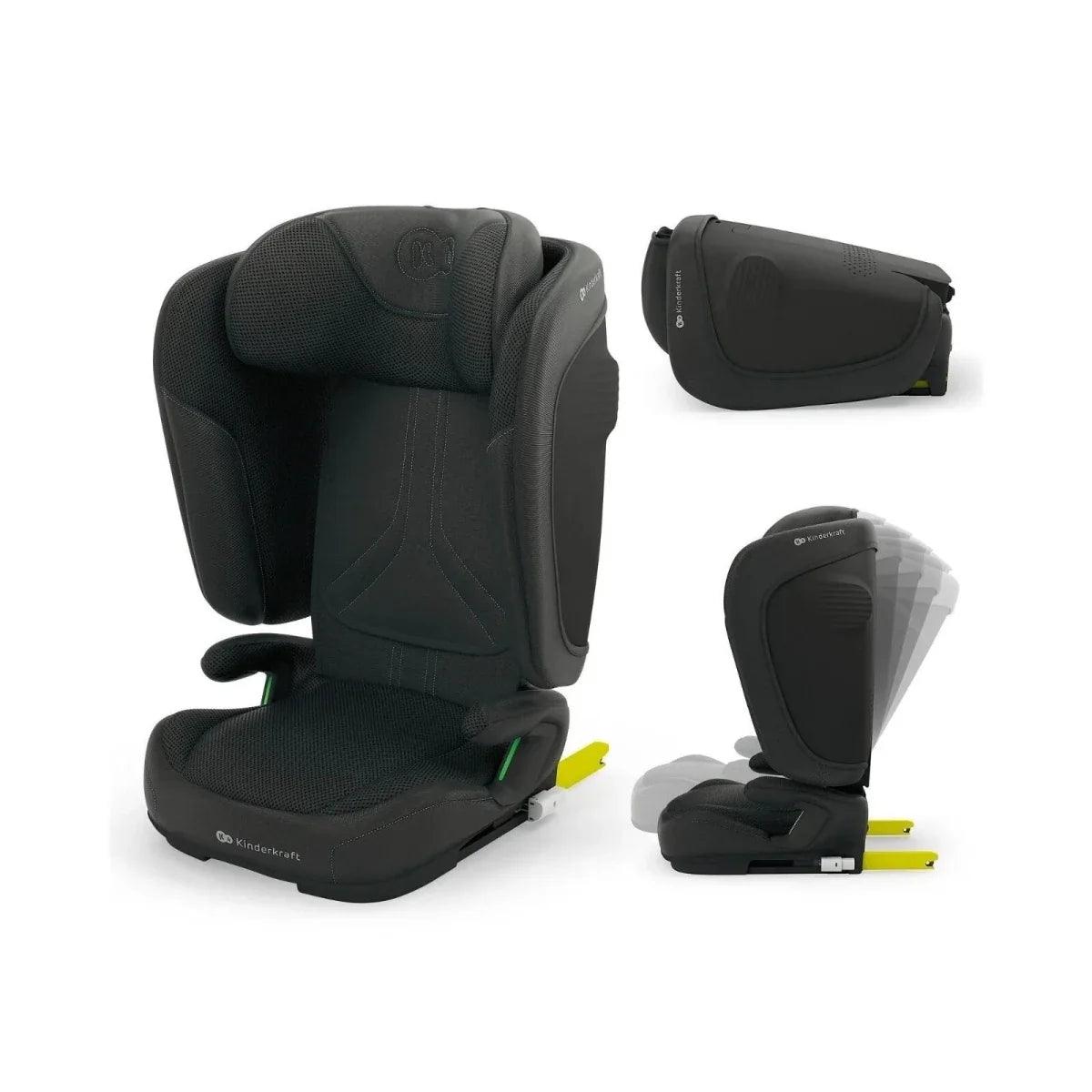 Black car seat with padded headrest, side wings, and removable back panel