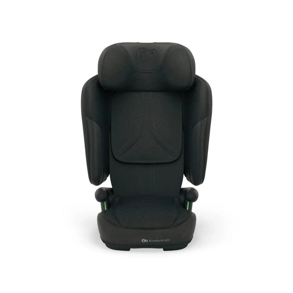 Black forward-facing car seat with padded headrest, side protectors, and recline panel