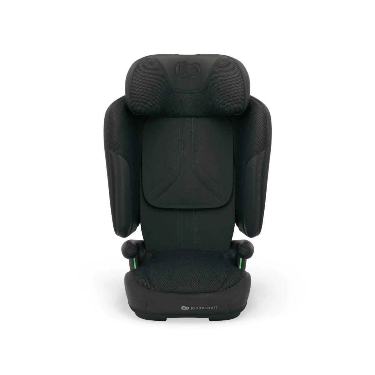 Black forward-facing car seat with padded headrest, side protectors, and recline panel