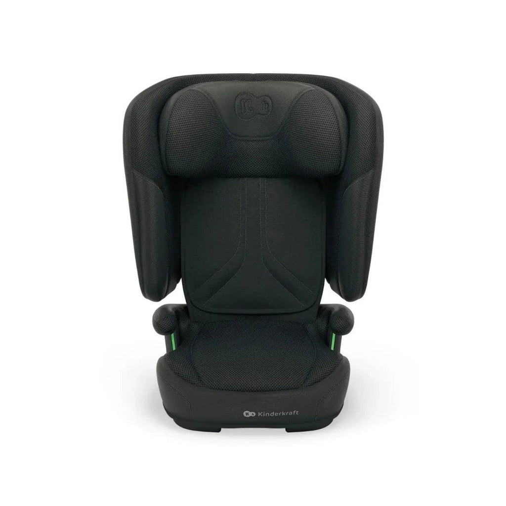Black child car seat front view with wide side protectors and cushioned seating