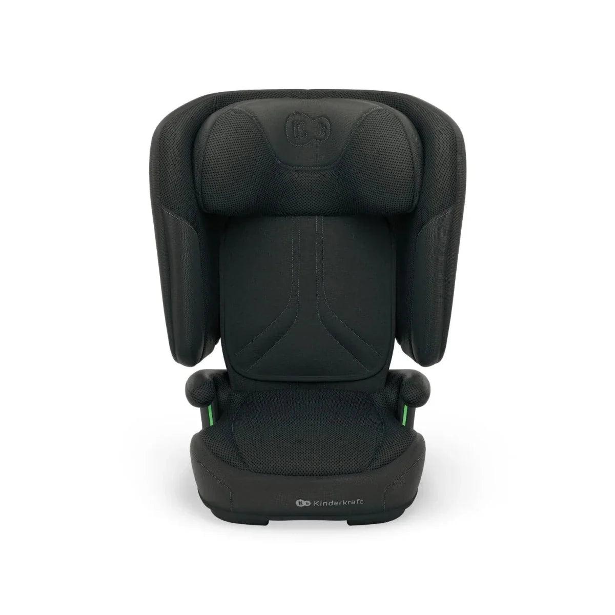 Black child car seat front view with wide side protectors and cushioned seating