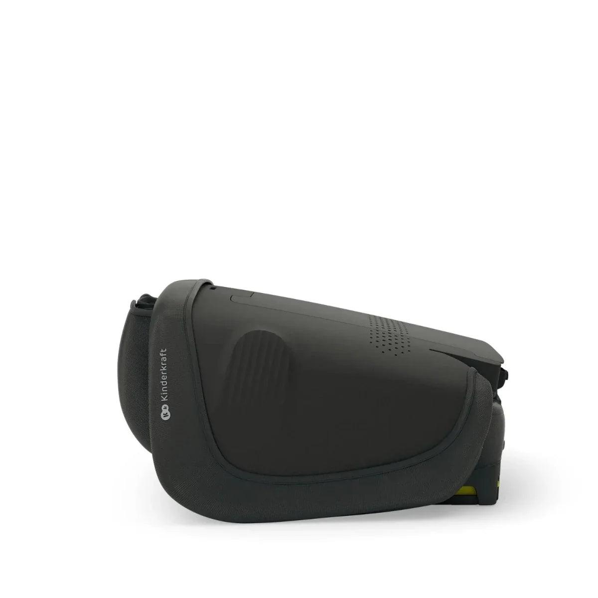Black car seat booster with padded side cover, armrest area, and recline back
