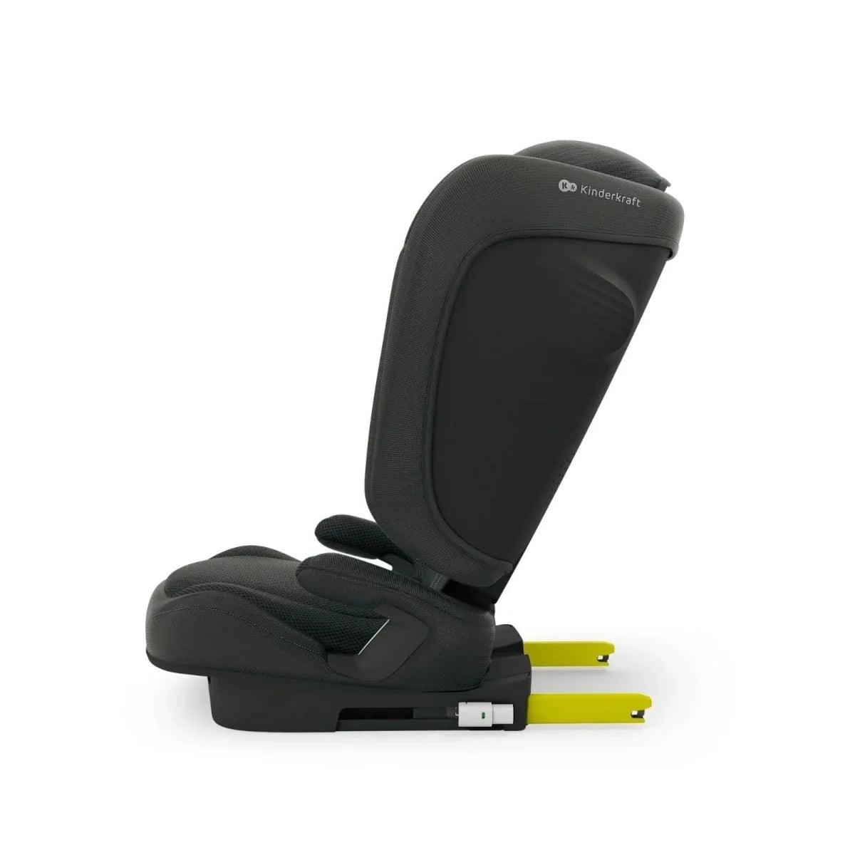 Black car seat side view with padded headrest, recline, and base release bars
