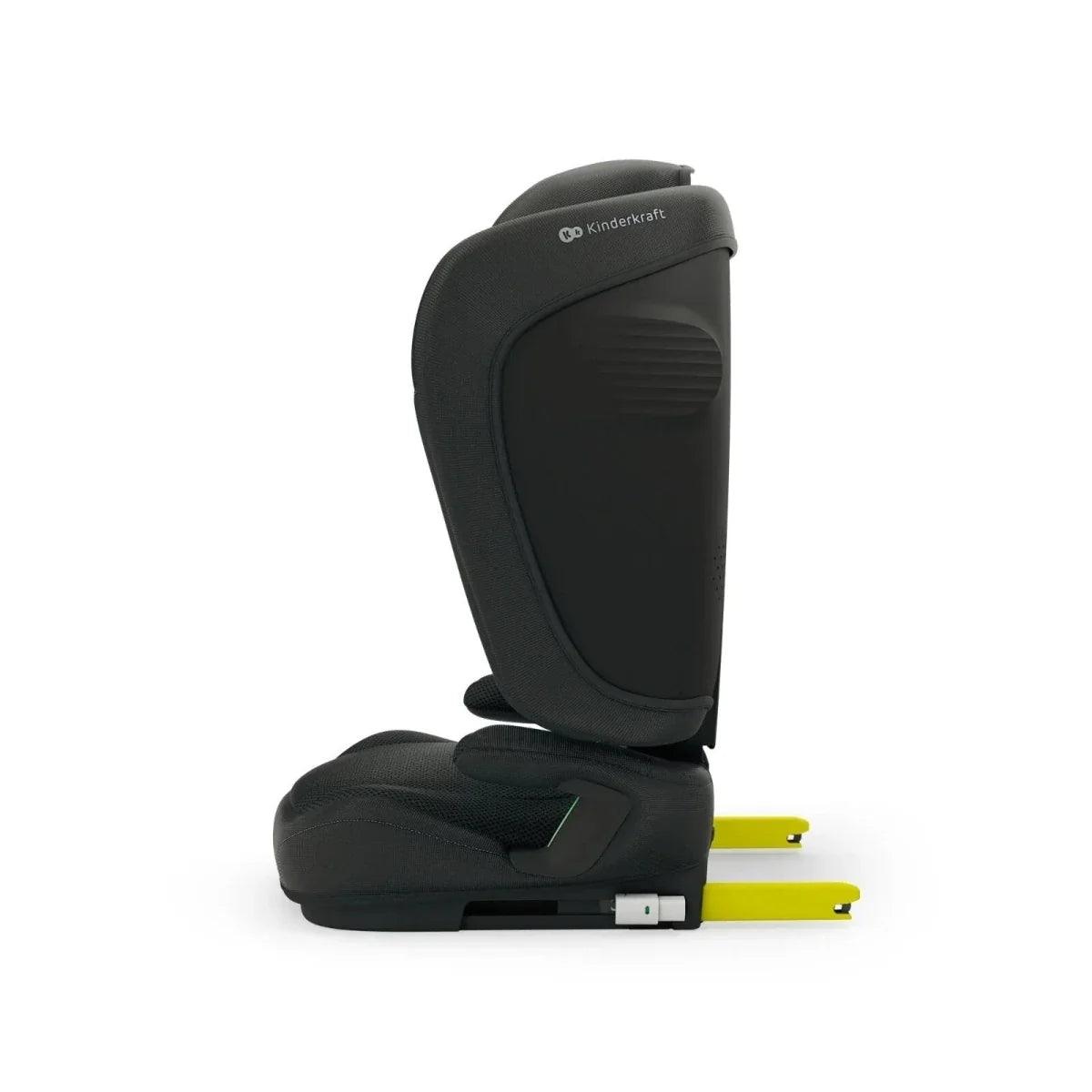 Black car seat side view with padded headrest and base, yellow release bar