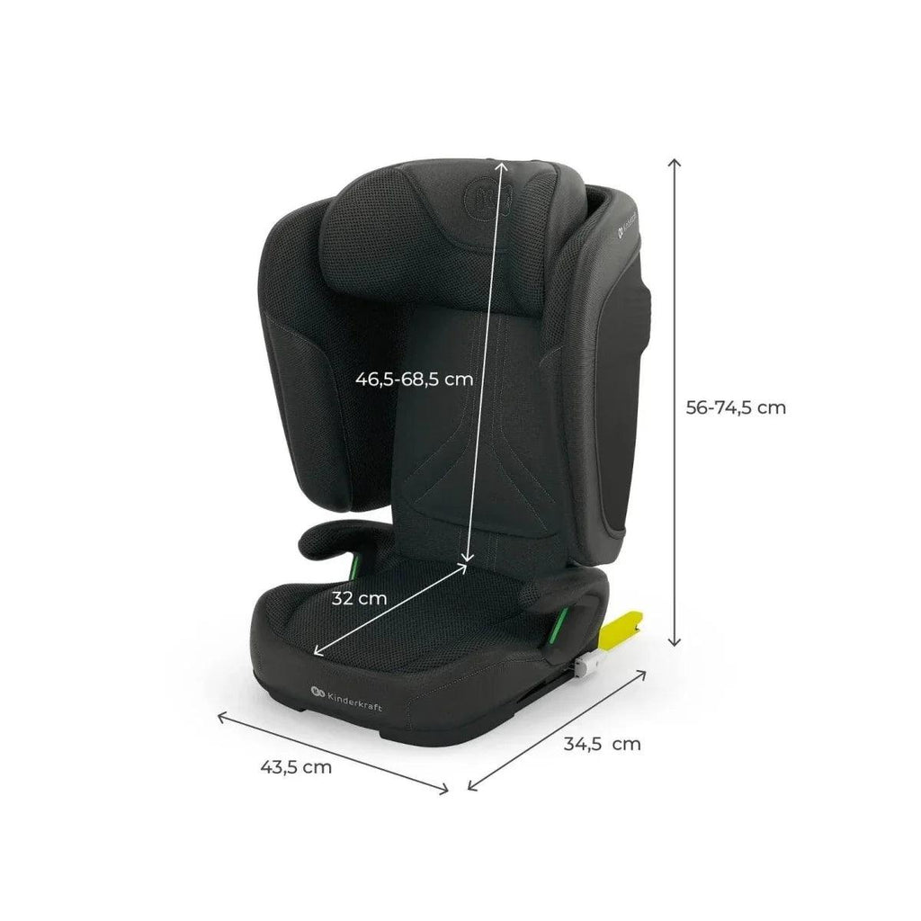 Black car seat size diagram showing seat and head dimensions in cm