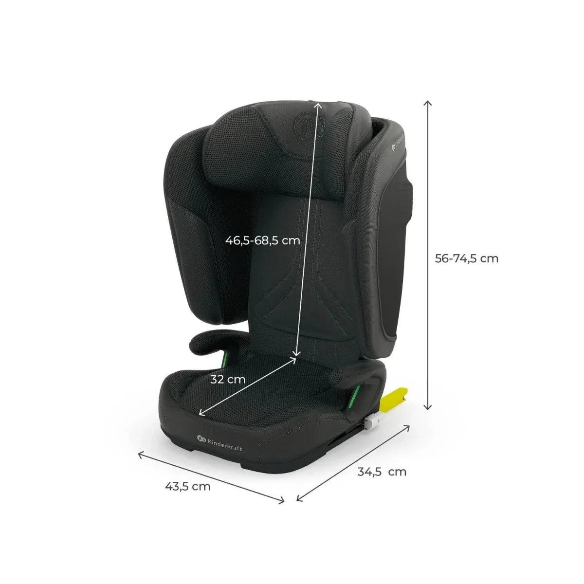 Black car seat size diagram showing seat and head dimensions in cm