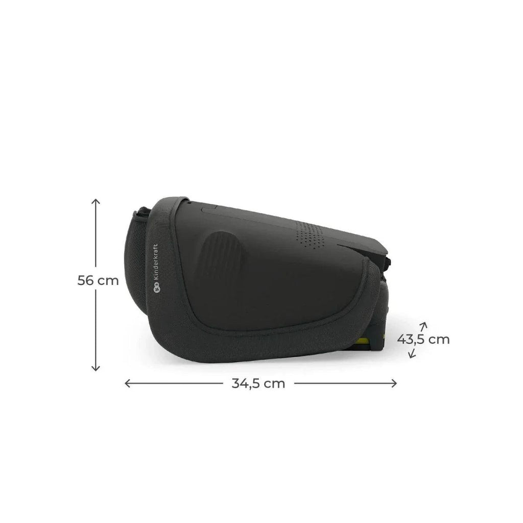 Black car seat size diagram with height and width measurements in cm