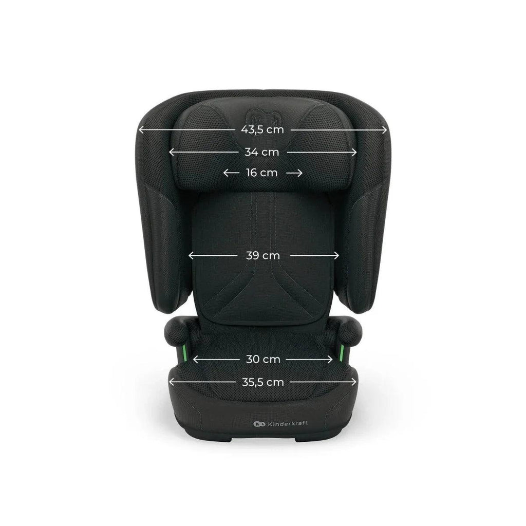 Black toddler booster car seat with headrest and side wings, front view