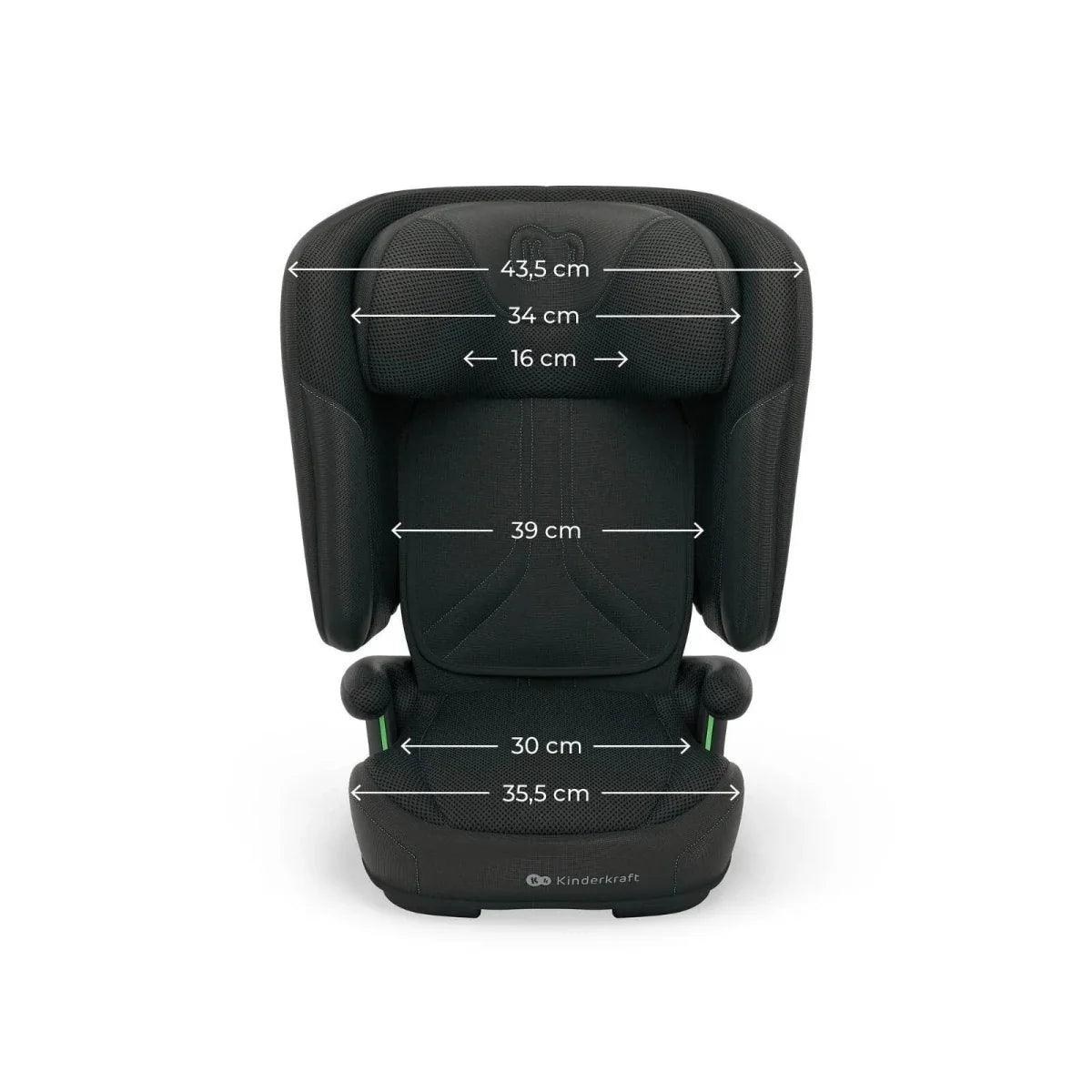 Black toddler booster car seat with headrest and side wings, front view