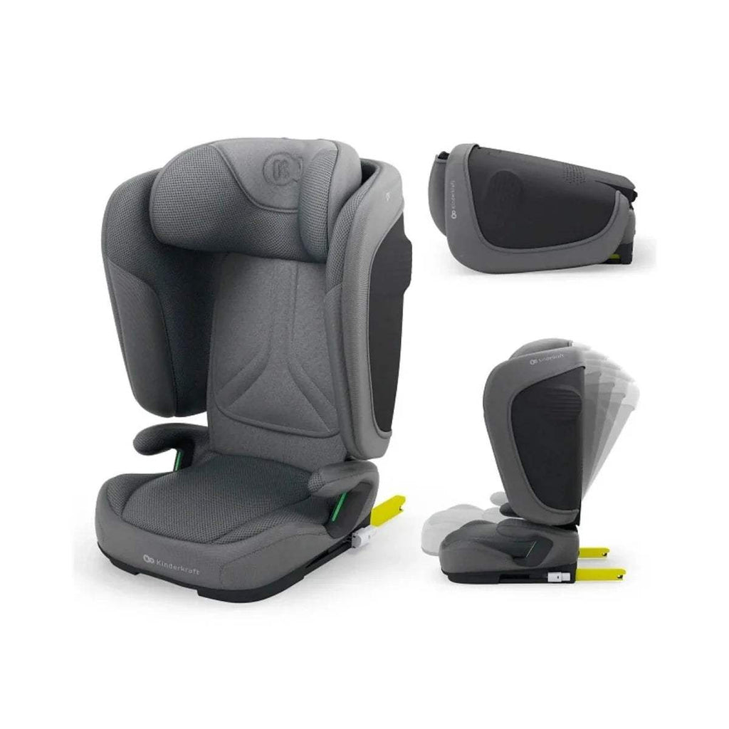 Grey car seat with padded backrest and base, side wings and headrest visible
