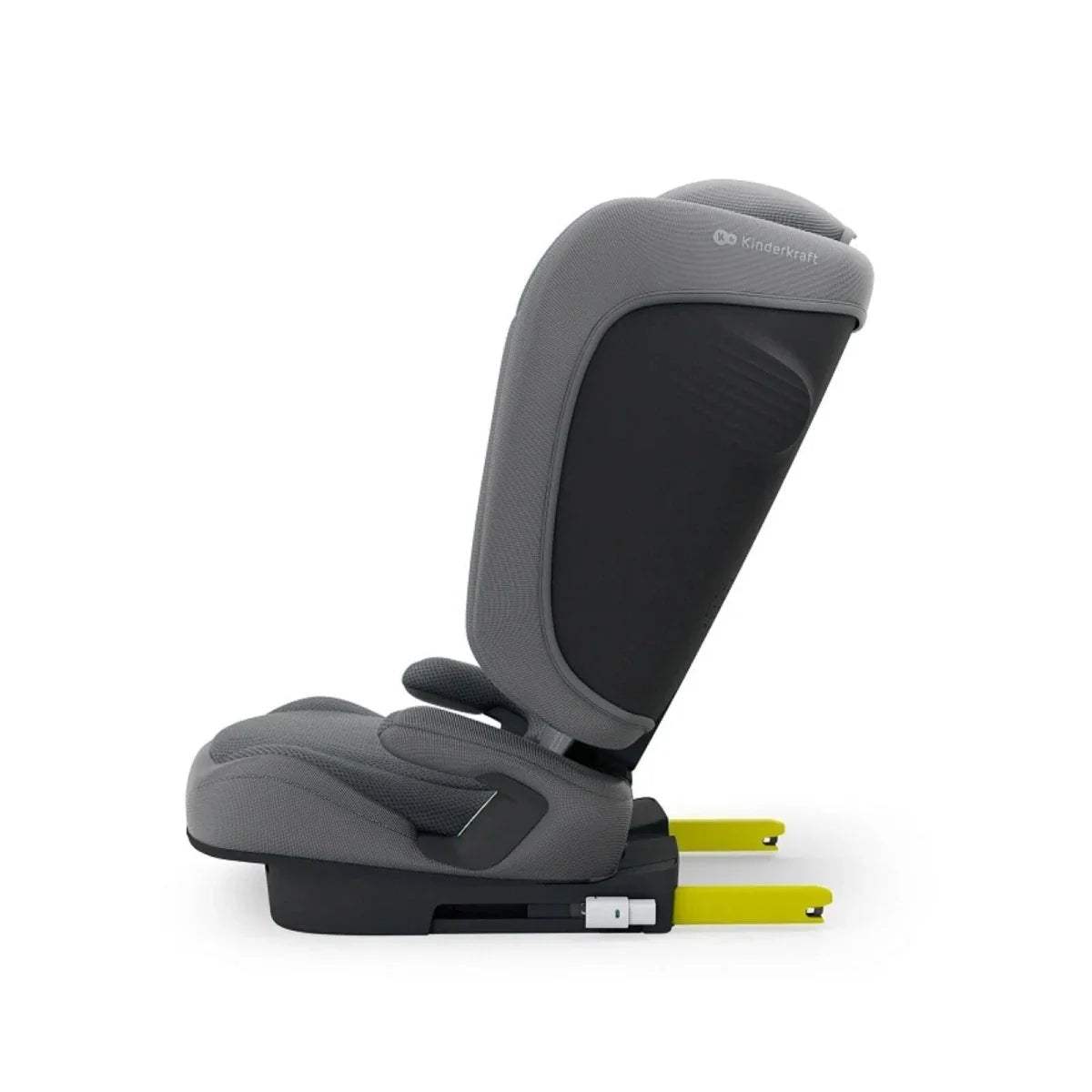 Grey car seat with contoured seat cushion, headrest, and side belt guide