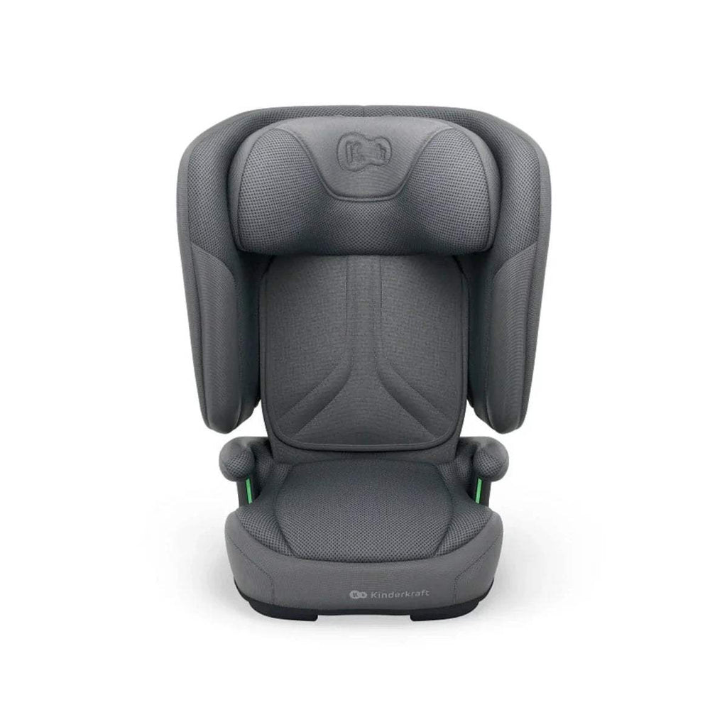 Grey car seat front view with padded headrest, harness adjusters, and seat cushion
