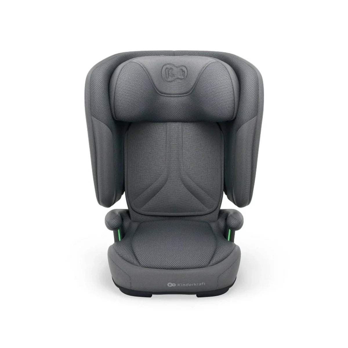 Grey car seat front view with padded headrest, harness adjusters, and seat cushion