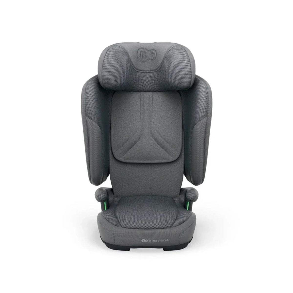 Grey car seat rear view with padded headrest, shoulder wings, and seat cushion