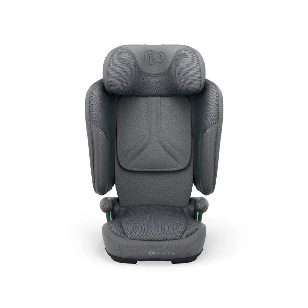Grey car seat rear view with padded headrest, shoulder wings, and seat cushion