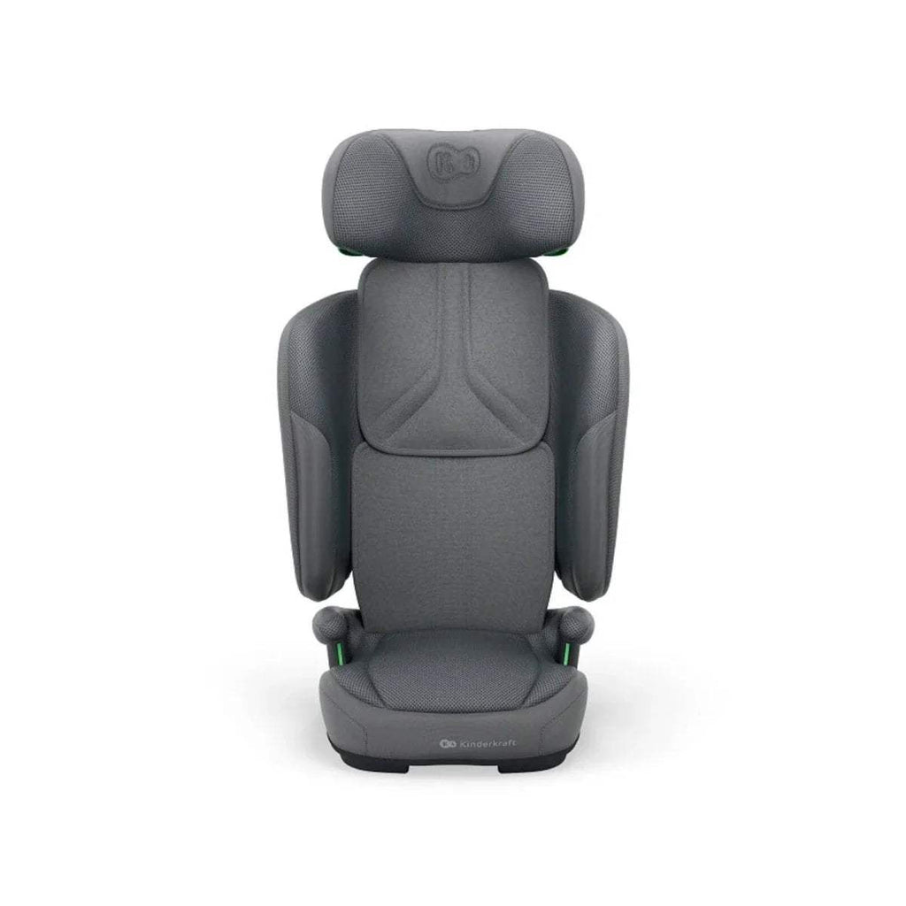 Grey car seat front view with contoured backrest, padded headrest, and side protectors