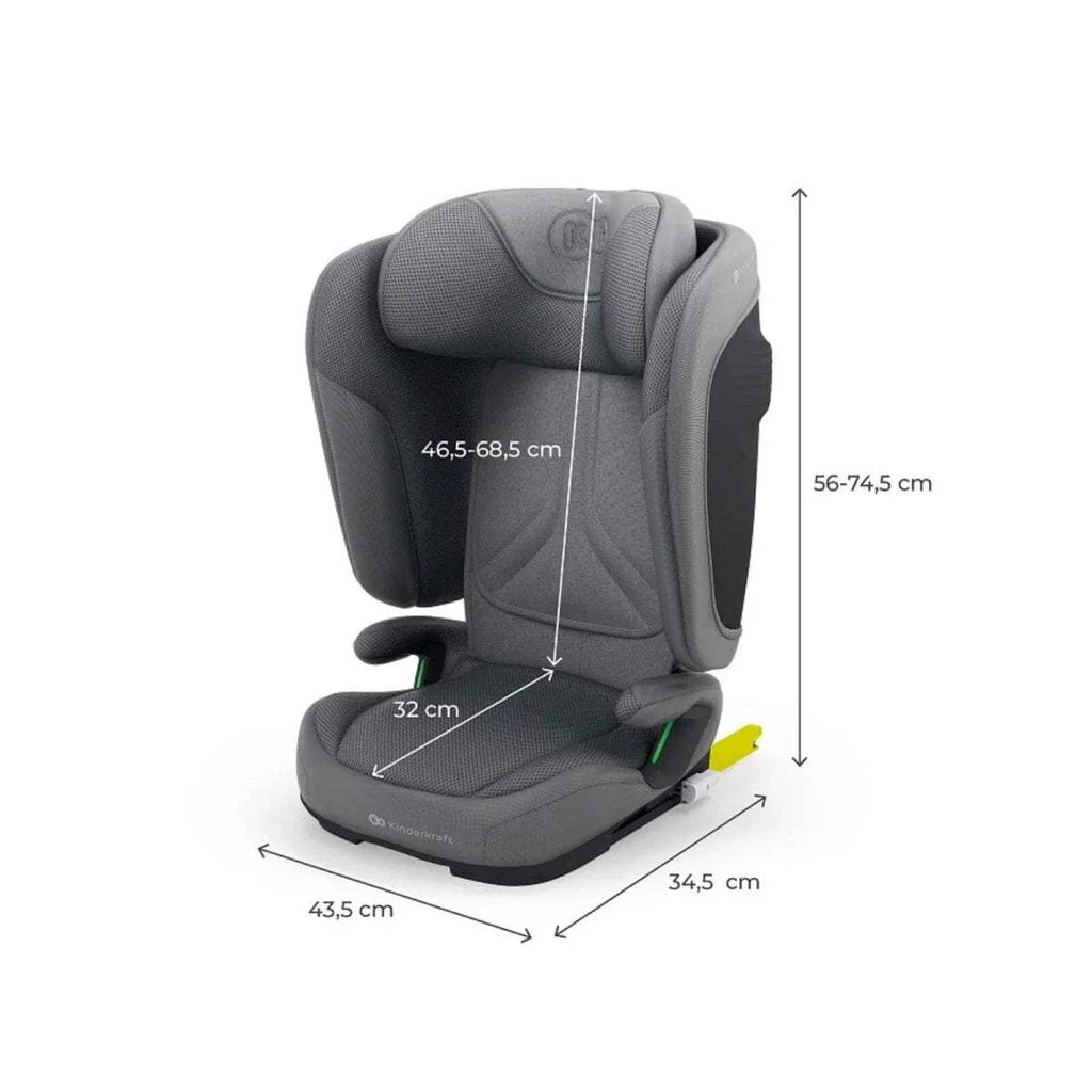 Grey car seat with labeled size measurements and padded headrest and base