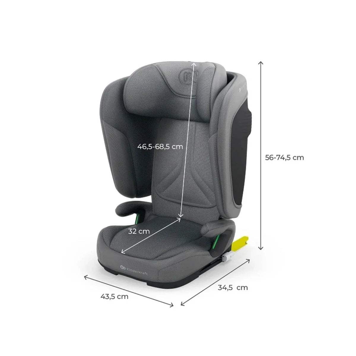 Grey car seat with labeled size measurements and padded headrest and base