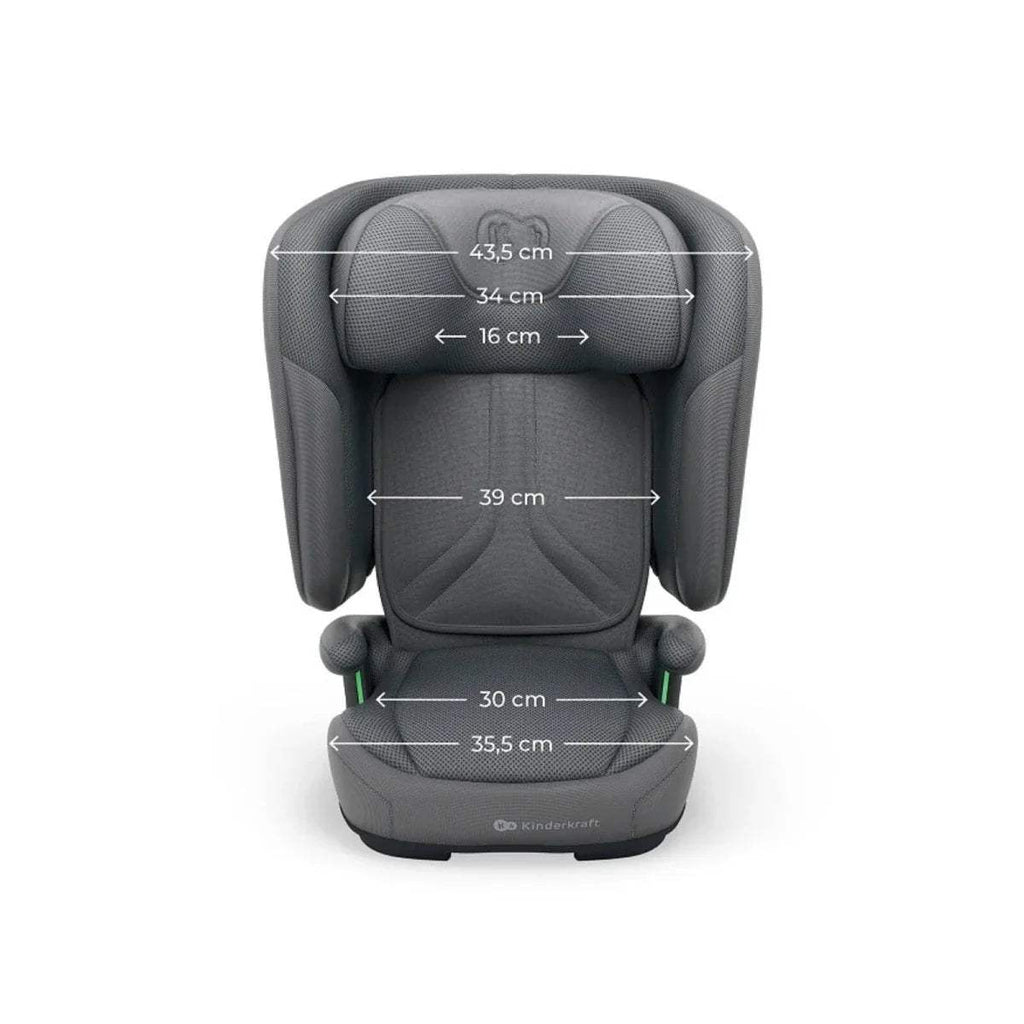 Grey car seat front view with dimension arrows across headrest and seat