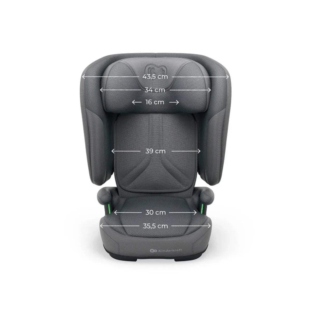 Grey car seat front view with dimension arrows across headrest and seat