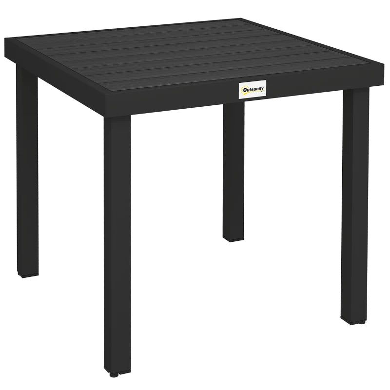 Black square outdoor dining table with slatted top and aluminium legs