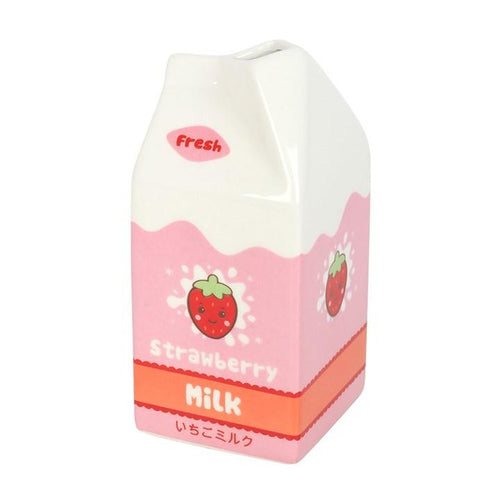 Strawberry milk carton flower vase, white ceramic with pink strawberry graphics and handle