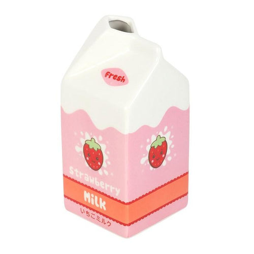 Strawberry milk carton flower vase with built-in handle; pink strawberry print on white ceramic