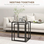 Nesting side tables with black steel frames and clear tempered glass top surfaces