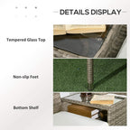Grey rattan sofa details: tempered glass top, non-slip feet, bottom shelf