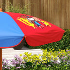 Cowboy-themed parasol canopy in red and blue with rider graphic